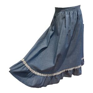 70s RTII COTTON BLUE CHAMBRAY & WHITE LACE COTTAGECORE COWGIRL MIDI SKIRT SZ S